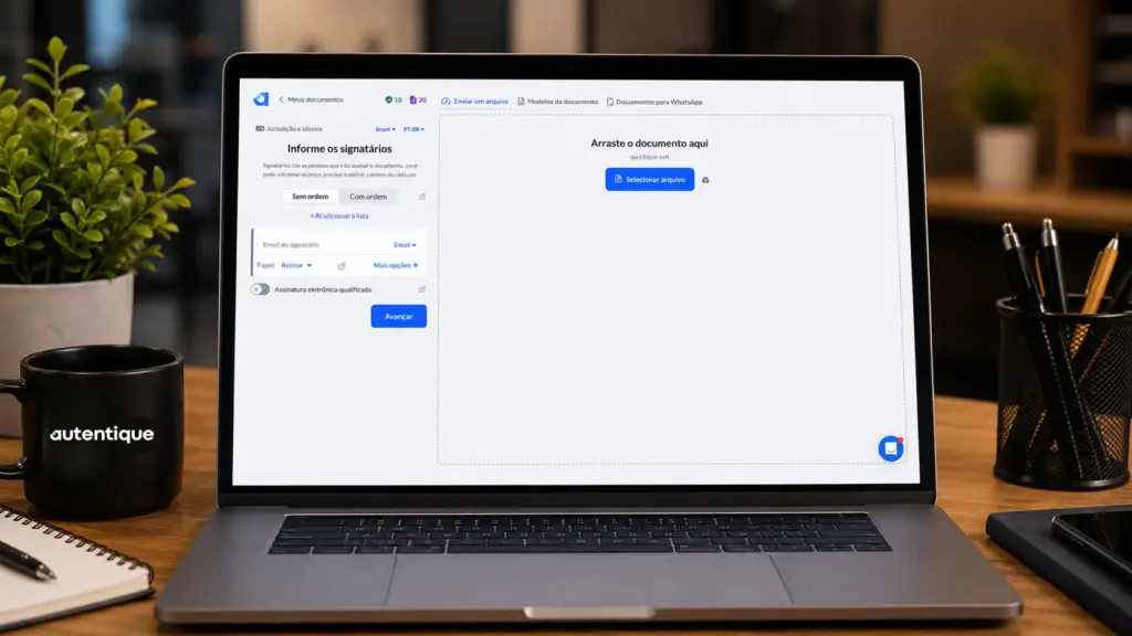 melhores softwares de assinatura eletrônica: Tela de um notebook com interface de assinatura eletrônica, mostrando envio de arquivo e informações de assinaturas, em ambiente de escritório.
