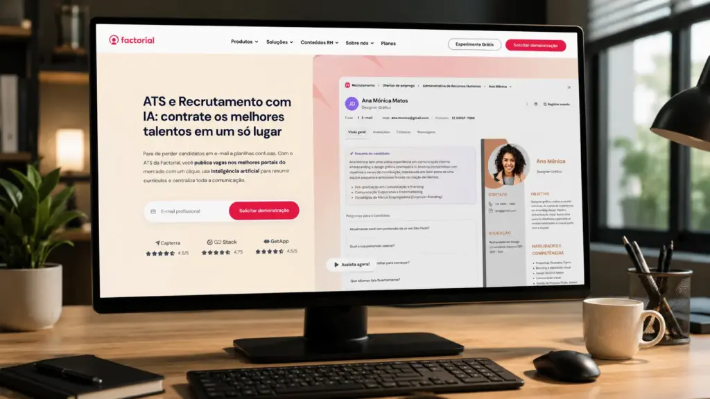 Melhores softwares de Recrutamento e Seleção - como escolher: tela de computador com plataforma de ATS e recrutamento exibindo perfis de candidatos, funções e botão de solicitar demonstração