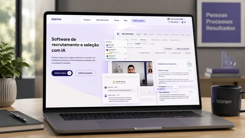 Melhores softwares de Recrutamento e Seleção - como escolher: Tela de notebook em ambiente de escritório exibindo um software de recrutamento e seleção com interface de IA da bizneo, com gráficos e áreas de candidatos. Destaque para Pessoas, Processos e Resultados ao fundo.