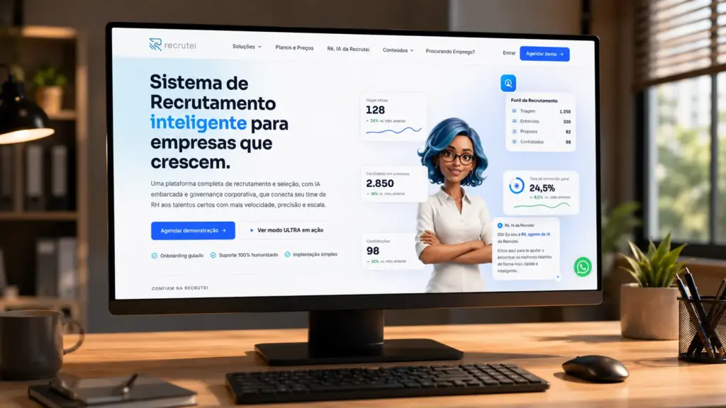 Melhores softwares de Recrutamento e Seleção - como escolher: Tela de computador com sistema de recrutamento e seleção para empresas, com gráficos de vagas e profissionais, personagem de atendimento e botões de demonstração.