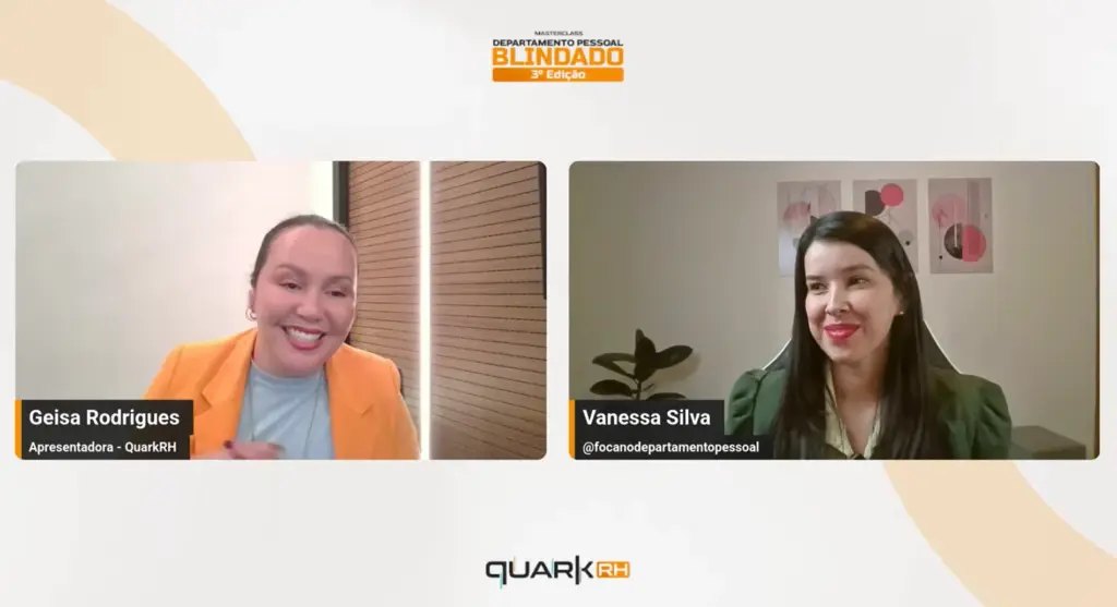 Mudanças de 2026 no DP: Mesa de gravação em vídeo de Departamento Pessoal com duas apresentadoras em chamadas lado a lado: Geisa Rodrigues e Vanesssa Silva, com o selo “BL 3ª Edição” do QuarkRH.