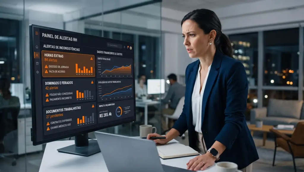 Mulher executiva em escritório corporativo analisa painel de alertas de RH com gráficos e indicadores de inconsistências, horas extras, documentos e pagamentos no monitor ao lado do notebook