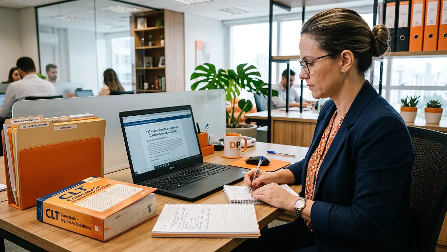 Mulher trabalhando em um escritório moderno, assinando documentos em uma mesa com notebook e arquivos organizados, com ambiente corporativo ao fundo.