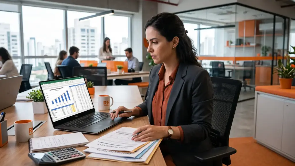 Mulher executiva em escritório em Reoneração da folha de pagamento organizando corporativo, analisando relatórios e planilhas no notebook, enquanto organiza documentos sobre gestão de RH e finanças. Pessoas ao fundo.