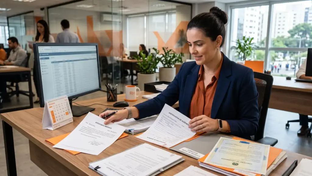 Mulher executiva em escritório moderno revisando documentos e assinaturas sobre a mesa, ao lado de computador e pastas com formulários, em ambiente corporativo.