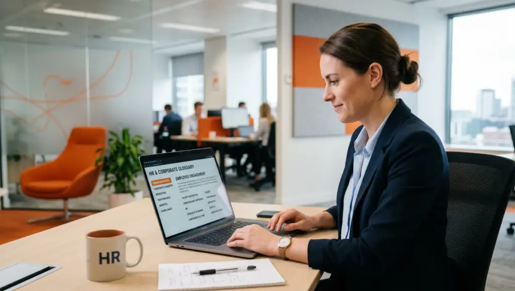 Mulher executiva em escritório vendo dicionario de rh corporativo usando notebook em reunião de trabalho, com caneca “HR” sobre a mesa e profissionais ao fundo, ambiente moderno com janelas grandes.