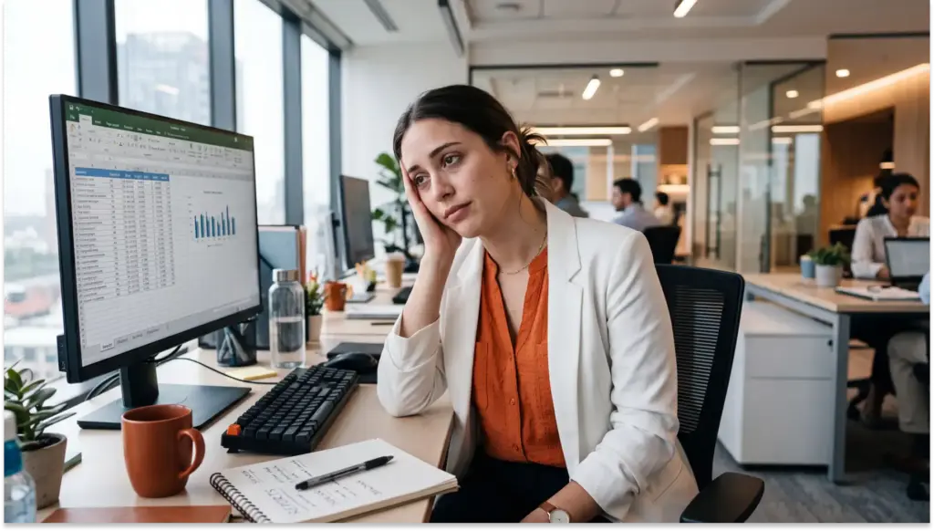 bornout :mulher profissional sentada em escritório moderno, olhando preocupada para um monitor com planilha e gráficos, com caderno e caneta sobre a mesa.