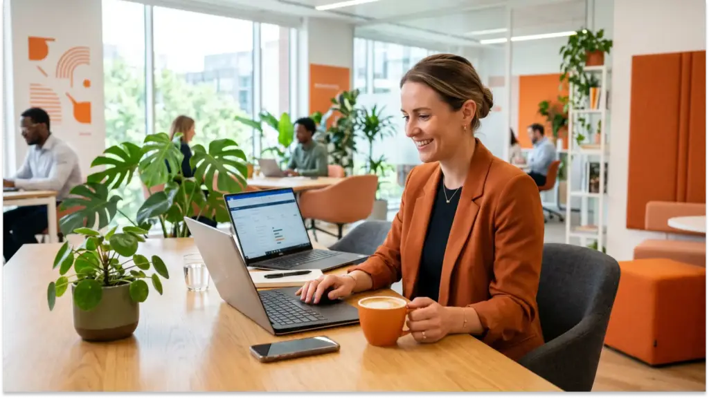 Mulher trabalhando Work-life balance em um escritório moderno de coworking, usando notebook e tomando café em uma mesa de madeira, com plantas e colegas ao fundo.