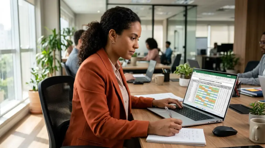 Mulher trabalhando em um escritório, digitando em um notebook com uma planilha e anotando em folhas sobre a organização do turno de trabalho, tipos, horários e regras na CLT.