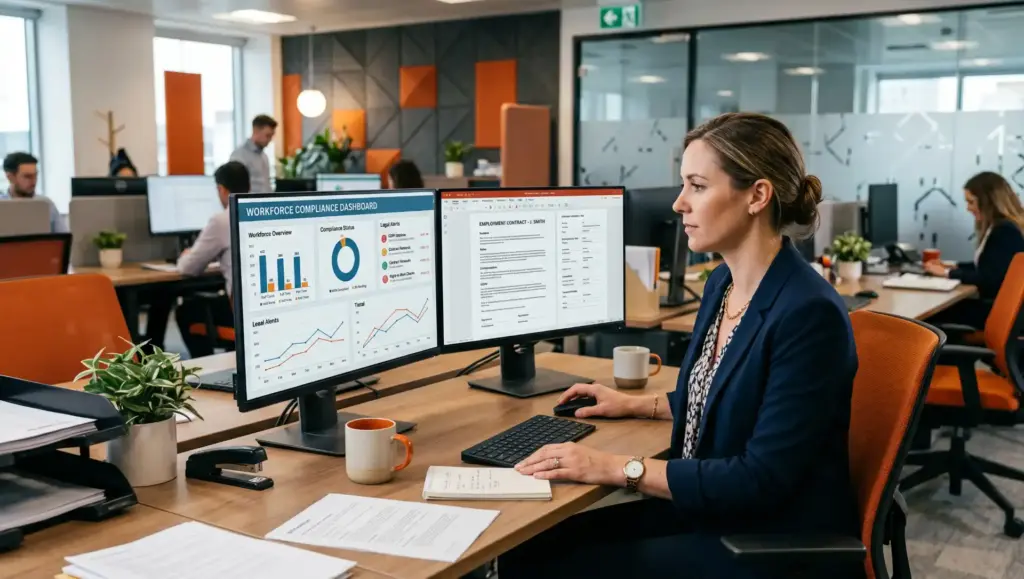 profissional analisando dashboard conformidade workforce no escritorio O que é pejotização? Riscos, legalidade e o que diz o STF