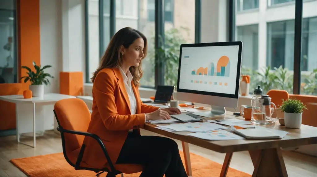 Profissional em escritório moderno analisa gráficos e dados em uma tela de computador, enquanto organiza documentos na mesa; conceito de Matriz de competências para planejamento e avaliação.