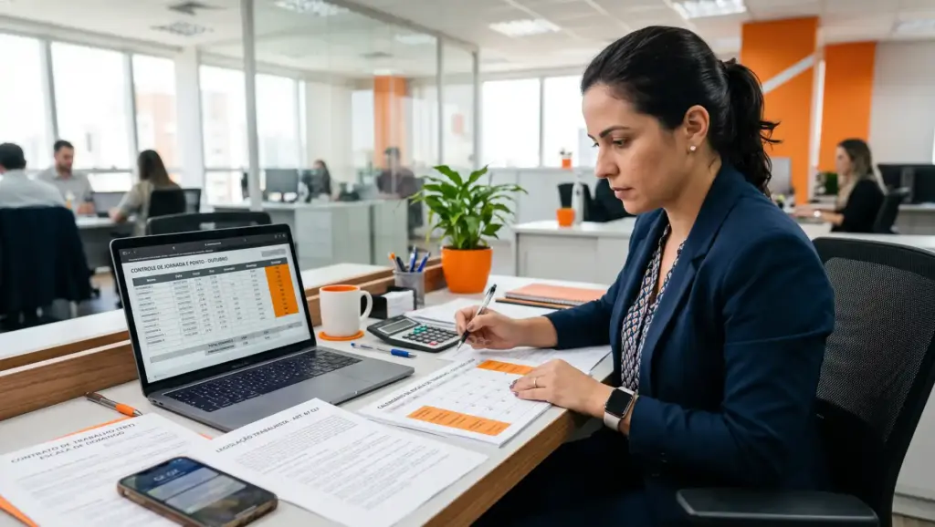 Hora extra no domingo: Profissional em escritório corporativo analisando planilhas e documentos em um laptop, enquanto anota informações em papel para organização e controle de dados.