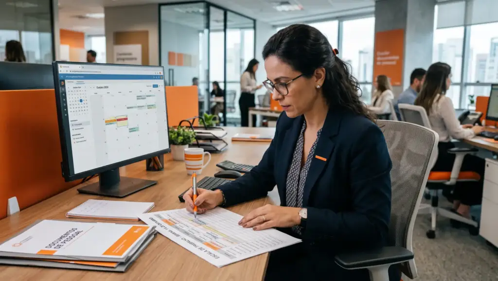 Profissional de escritório com terno azul, trabalhando em um monitor com planilhas e fazendo anotações em documentos no ambiente corporativo