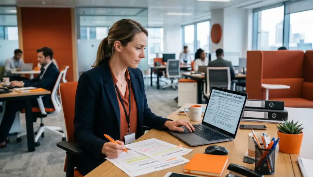 Profissional de DP em escritório corporativo, analisando um documento e digitando em um notebook sobre a mesa, com pastas e canetas, enquanto colegas trabalham ao fundo.