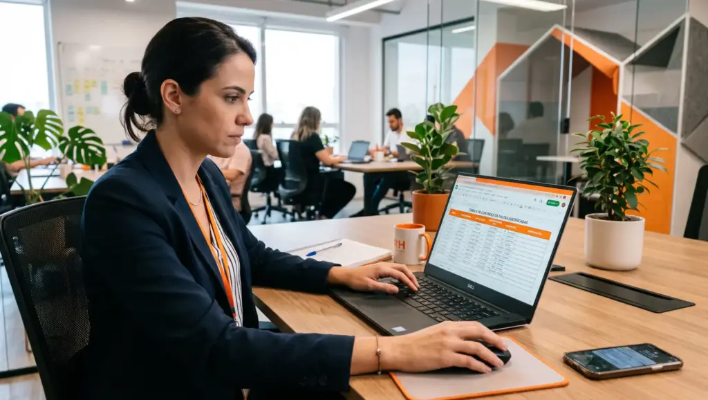 Profissional trabalhando em escritório moderno, usando notebook e teclado, com planilha aberta na tela e smartphone sobre a mesa, ao lado de plantas e caneca.