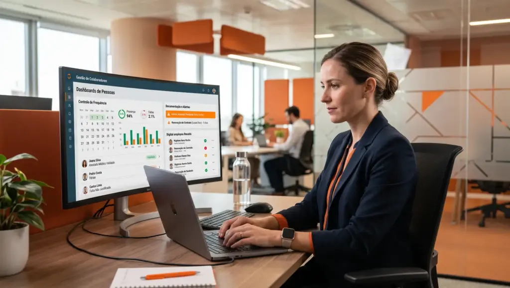 Profissional em escritório usando monitor com dashboard de gestão de colaboradores e gráficos de desempenho, enquanto trabalha no computador