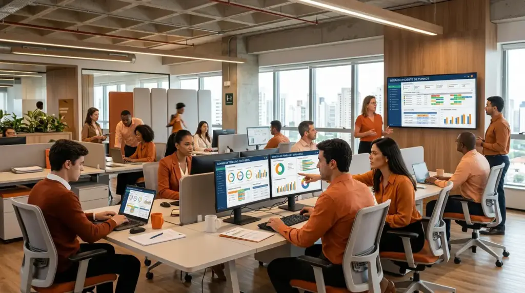 Reunião em escritório com equipe trabalhando em computadores e analisando gráficos e planilhas, em contexto de planejamento de turno de trabalho, tipos, horários e regras na CLT