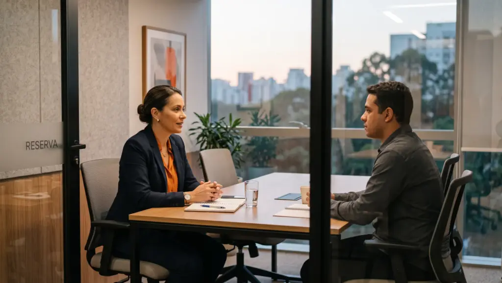 Duas pessoas em reunião em escritório moderno, sentadas à mesa com papéis e celular, conversando em ambiente corporativo com janelas grandes ao fundo.