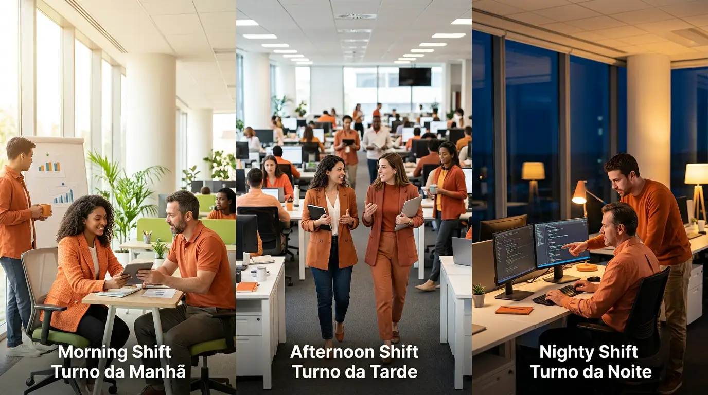 Imagem em colagem mostrando três turnos de trabalho em escritório: Morning Shift (turno da manhã), Afternoon Shift (turno da tarde) e Night Shift (turno da noite), com equipes em diferentes horários.