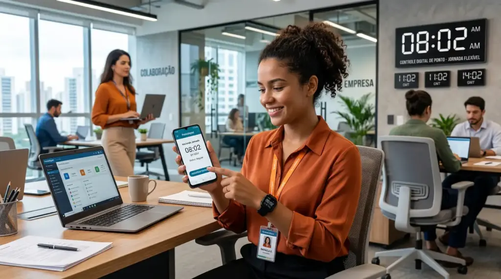 Mulher em escritório corporativo mostra no celular o controle de ponto digital, com painel de relógio e horários visíveis ao fundo, tema de turno de trabalho e regras da CLT