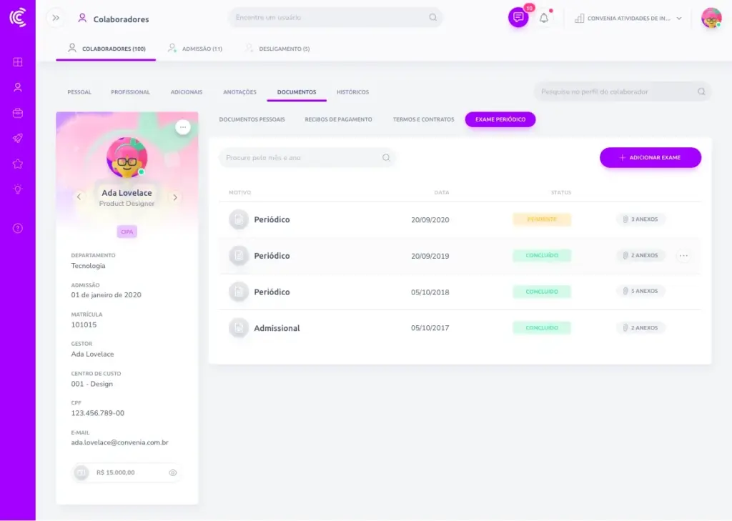 QuarkRH vs Convenia: qual sistema escolher para seu RH+DP: Tela de sistema de RH e DP com painel de colaboradores e área de documentos, mostrando histórico de exames periódicos e status em uma interface moderna.