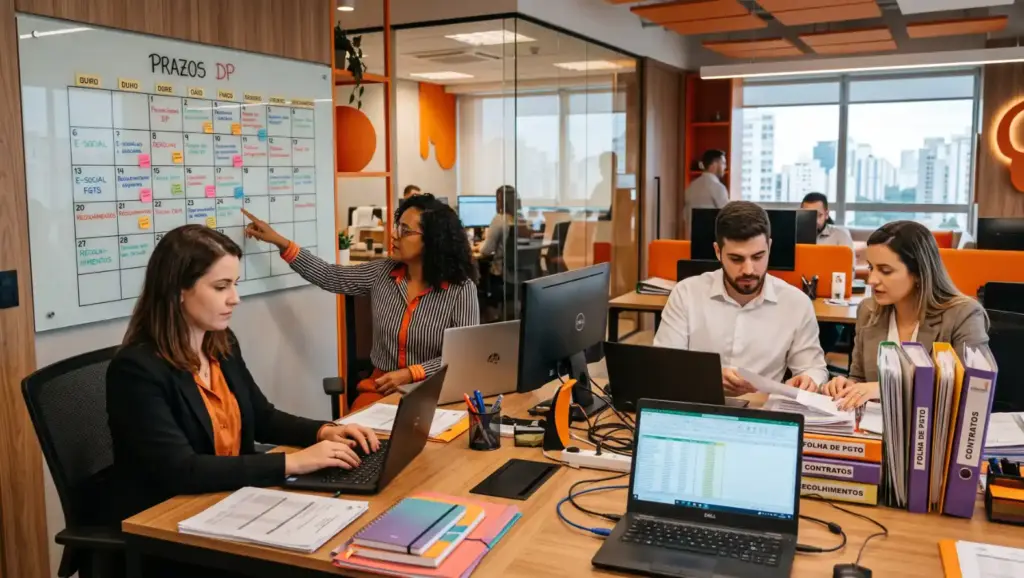 Certificado de regularidade do FGTS: Equipe em escritório corporativo analisando documentos e planilhas em computadores, com quadro de prazos ao fundo; tema de compliance e organização financeira.