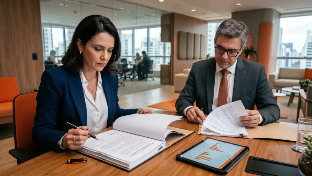 Certificado de regularidade do FGTS: Profissionais em uma sala de escritório analisando documentos e assinando papéis sobre conformidade trabalhista, com um tablet exibindo gráficos.