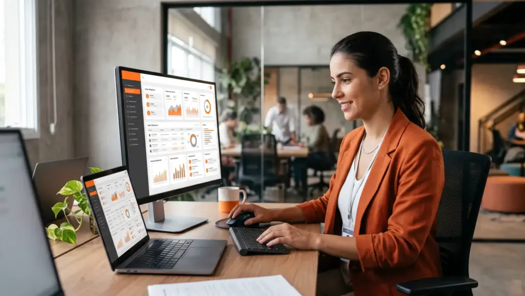 Imagem de uma profissional em escritório utilizando um computador com gráficos e relatórios de sistema, enquanto trabalha em um ambiente corporativo; ao fundo, destaca-se a organização de documentos e dados para validações. Certificado de regularidade do FGTS em contexto de consulta e conformidade.