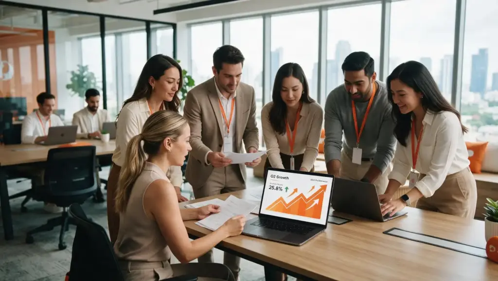 Equipe reunida em sala de escritório, analisando gráficos e relatórios em um monitor, enquanto discutem resultados e planejamento de trabalho, em contexto de desemprego e busca por oportunidades profissionais