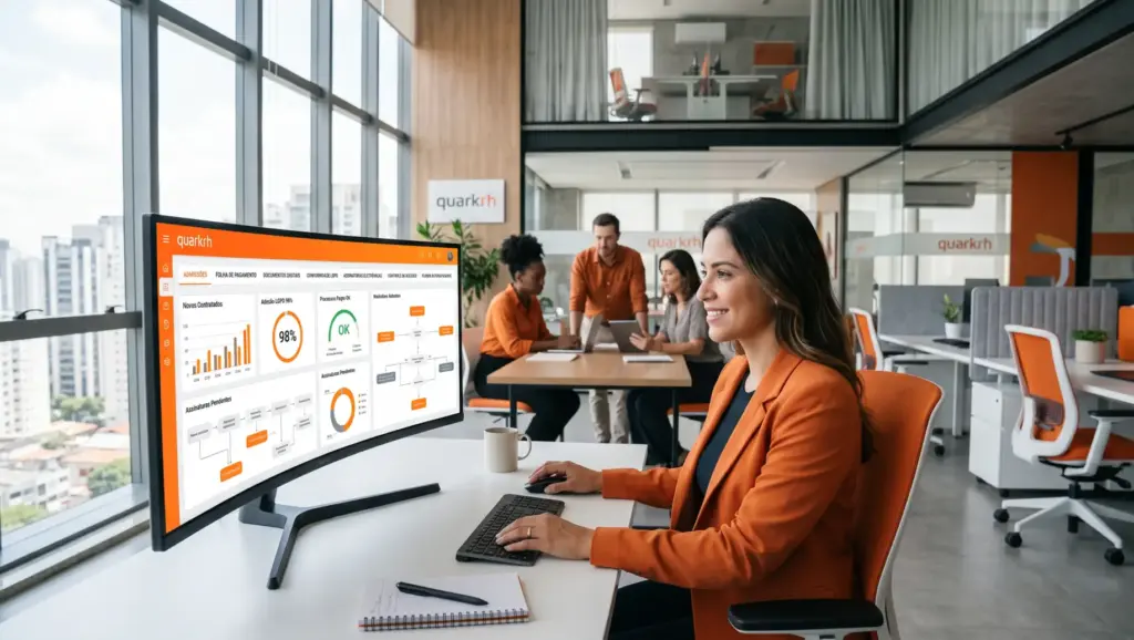 Profissional de RH em escritório moderno com monitor exibindo painel de dados e conversa em equipe, conceito de conformidade com LGPD no RH