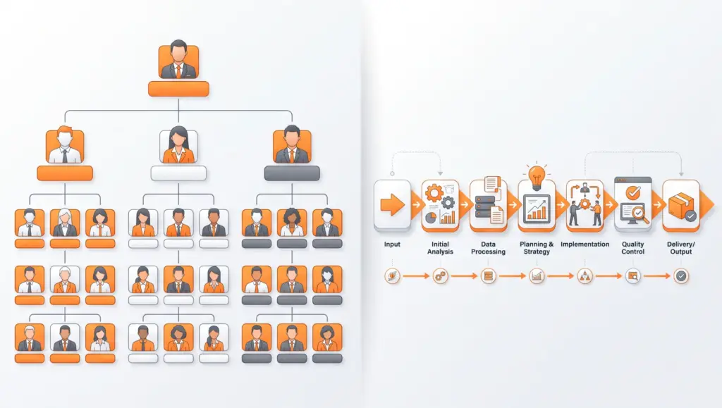 Organograma em diagrama com pessoas em caixas conectadas, mostrando níveis hierárquicos e equipes em um modelo corporativo, com visualização de etapas e fluxos ao lado.