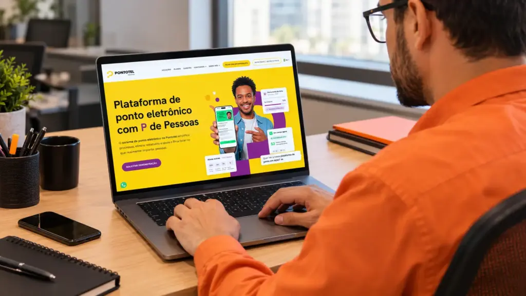 QuarkRH vs Pontotel: Homem em escritório usando notebook com o site do sistema Pontotel de ponto eletrônico, plataforma para Pessoas e gestão de P de Pessoas; tela com interface de login e recursos.
