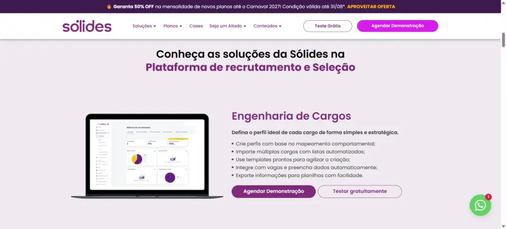 QuarkRH vs Sólides: Página de apresentação da Sólides com destaque para "Engenharia de Cargos", mostrando um notebook com interface de plataforma de recrutamento e seleção e botões para agendar demonstração ou testar gratuitamente.