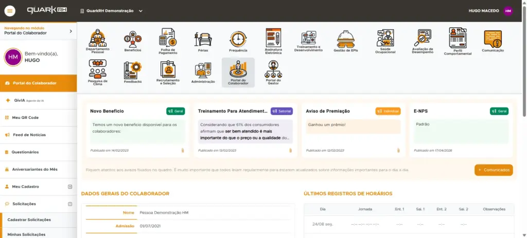 QuarkRH vs Sólides: Interface de portal do colaborador com dashboard e módulos do sistema QuarkRH, incluindo benefícios, treinamento, avisos e registros de horários