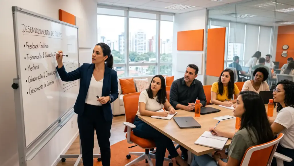 modelos de feedback: Reunião em escritório com duas pessoas sentadas em poltronas trocando feedback, em ambiente corporativo com plantas e mesa ao centro