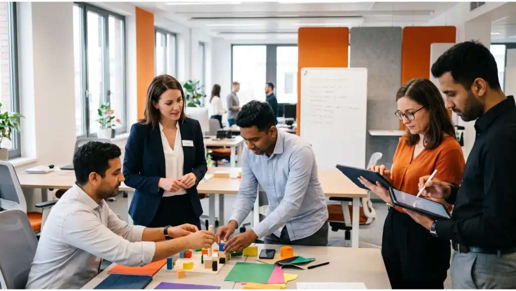 ROL: Equipe em sala de escritório colaborando em um trabalho conjunto, com pessoas discutindo e montando um modelo sobre mesa com papéis coloridos e post-its; clima de reunião e planejamento