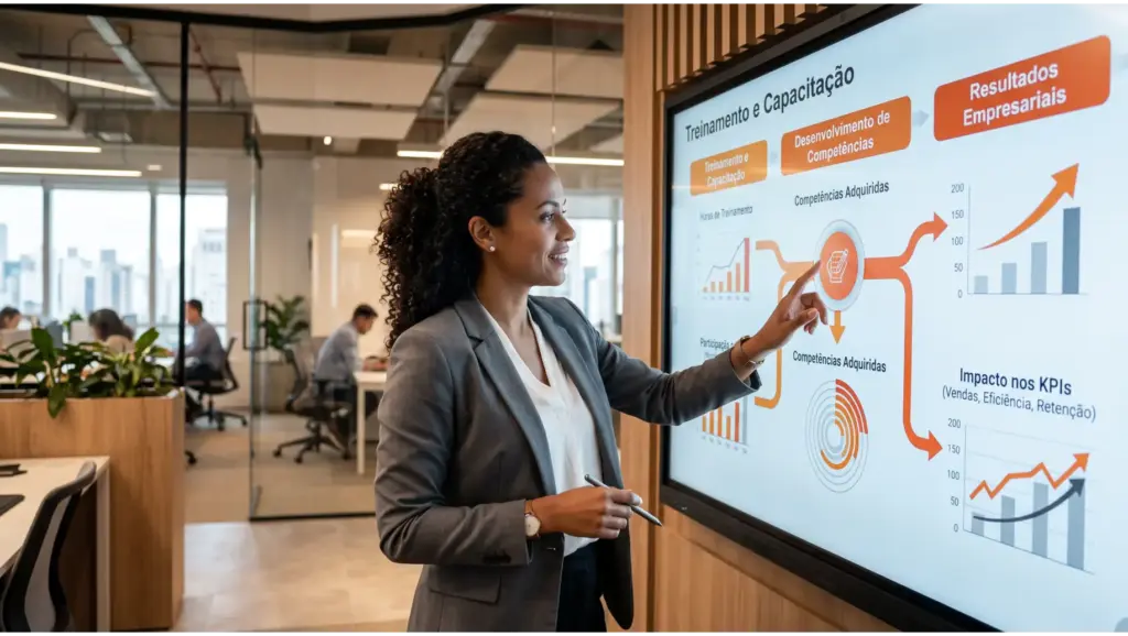 ROL: Profissional em treinamento empresarial apresenta um slide de resultados e indicadores, com gráfico e metas em uma sala de escritório moderna, destacando competências adquiridas e impactos nos KPIs
