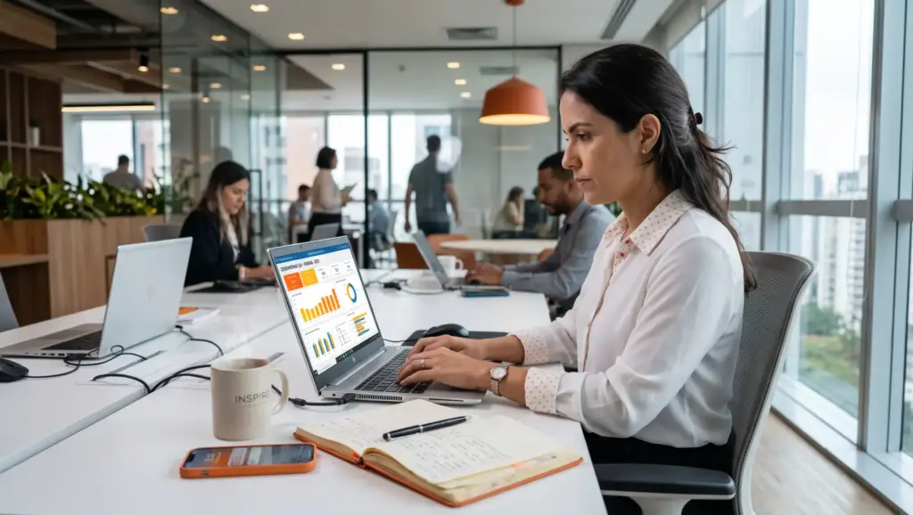 Profissionais em escritório trabalhando em notebooks com gráficos na tela, enquanto uma mulher analisa informações e toma notas em reunião. Imagem relacionada a Súmulas do TST em ambiente corporativo.