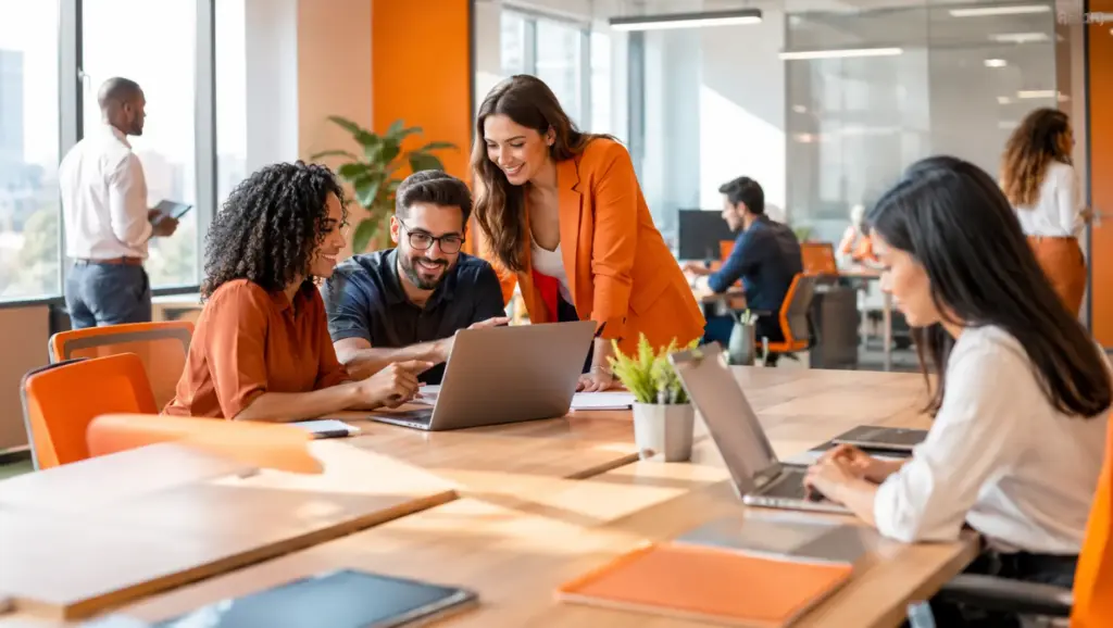 Ambiente corporativo moderno com equipe reunida em sala de escritório, pessoas com laptop e documentos, sorrindo e colaborando durante uma conversa