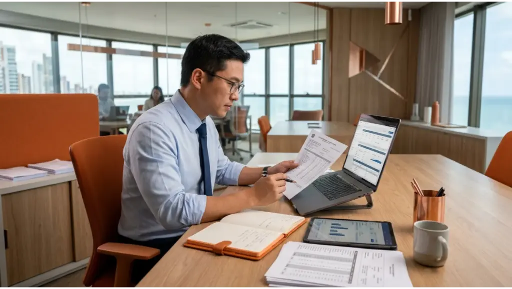Homem em escritório analisando documentos e planilhas em um notebook e tablet, com relatórios sobre auditoria trabalhista em mesa de trabalho