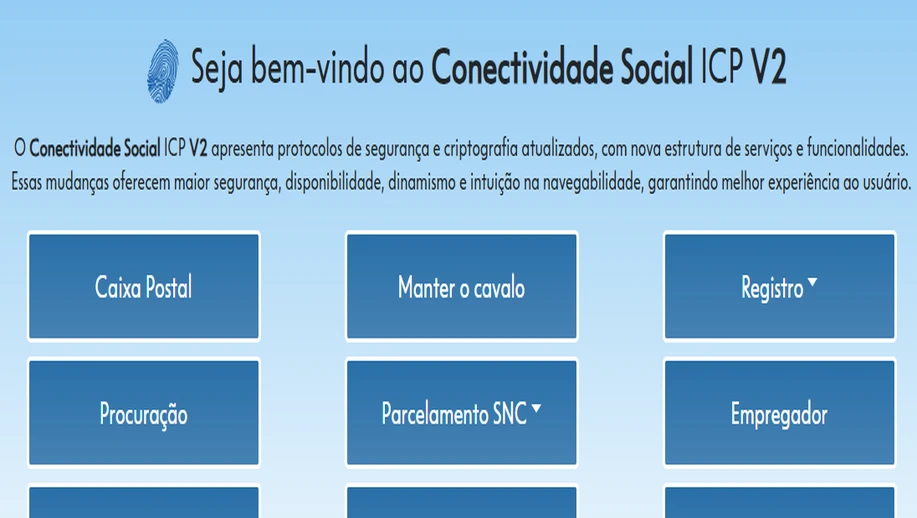 conectividade ICP: Conectividade Social ICP V2 com mensagem de boas-vindas e descrição de protocolos de segurança e criptografia, além de botões de funcionalidades como Caixa Postal, Procuração e Registro.