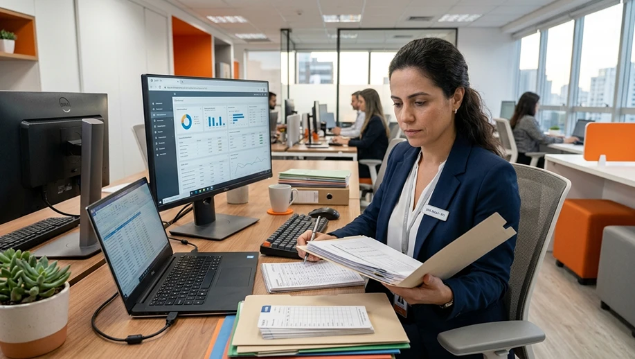 Conectividade Social ICP em ambiente corporativo: profissional em escritório usando computador e revisando documentos, ao lado de monitores com gráficos e planilhas