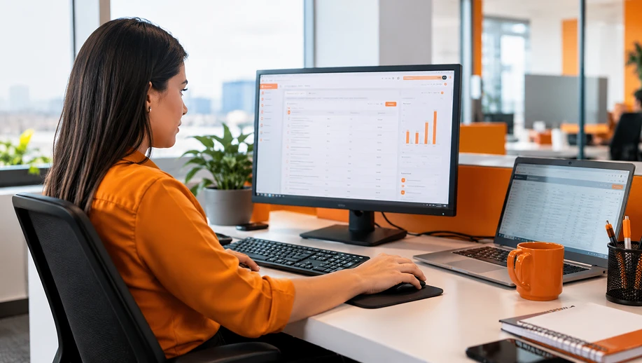 Conectividade Social ICP: profissional utilizando computador em ambiente de escritório com telas mostrando painel de dados e gráficos, teclado e mouse à frente