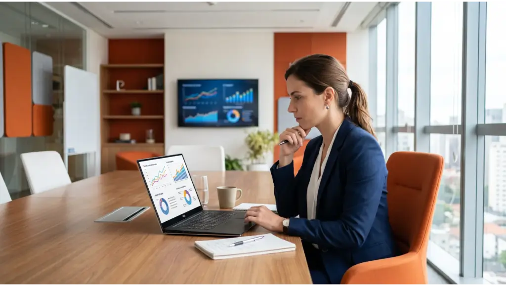 Profissional em escritório, com laptop aberto mostrando gráficos e relatórios, enquanto pensa e revisa informações à mesa. Tema: Empregos em risco.