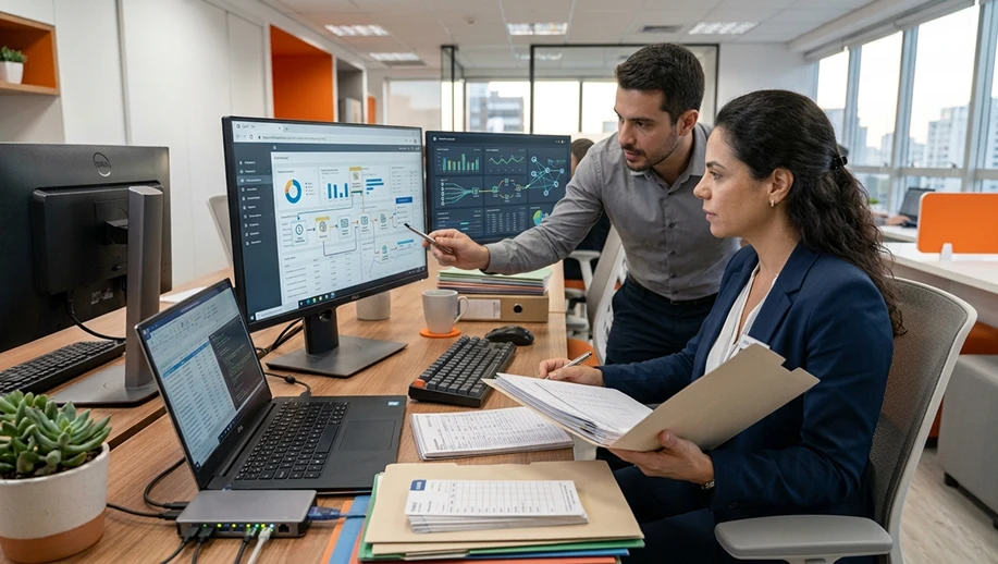 Equipe em escritório analisando gráficos e dados em monitores, com computadores e documentos sobre a mesa, enquanto um profissional aponta para a tela; ambiente corporativo com conectividade e colaboração. Conectividade Social ICP