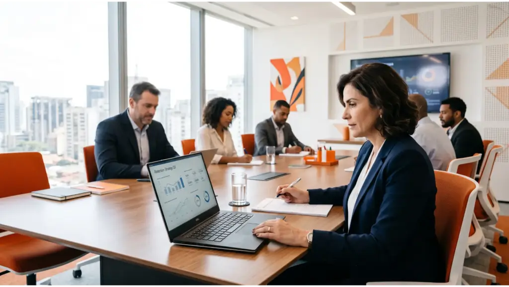 talentos: Equipe em sala de reunião moderna com janelas, profissionais analisando gráficos em um laptop e discutindo estratégias em um ambiente corporativo. Framework em destaque na comunicação.