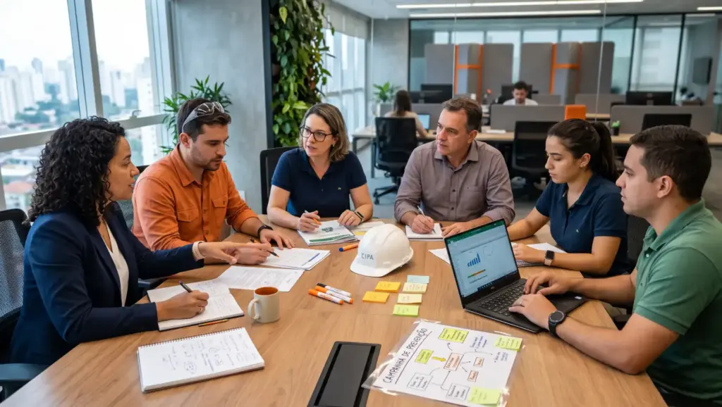 Equipe reunida em escritório moderno durante uma SIPAT, discutindo segurança do trabalho em mesa com documentos, tablets, computador e capacete de proteção ao centro.