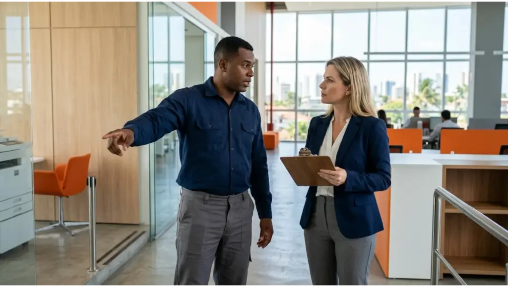 Insubordinação no trabalho: Cena em escritório moderno: um homem aponta e gesticula enquanto uma mulher de terno, com prancheta na mão, observa com expressão de preocupação durante discussão no trabalho, sugerindo insubordinação no ambiente corporativo.
