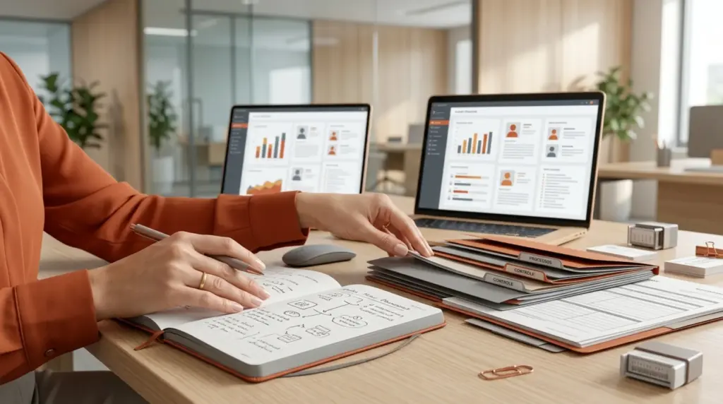 Insubordinação no trabalho: pessoas em reunião analisam planilhas e relatórios em um escritório moderno, com laptops e documentos sobre a mesa.