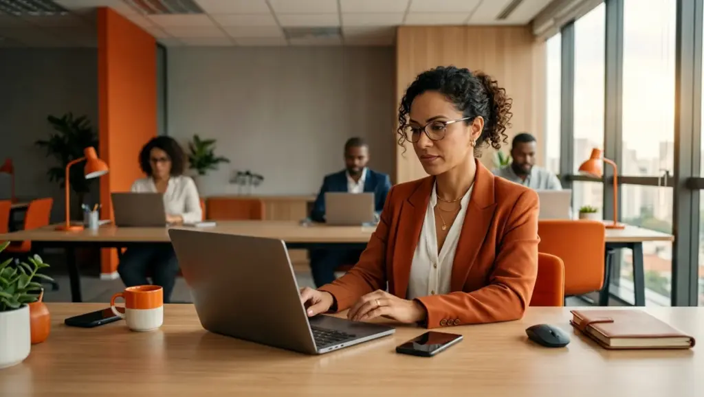 Profissional em escritório usando notebook, analisando documentos e calculando informações de trabalho na mesa, em ambiente corporativo com colegas ao fundo e janela com luz natural. IRRF na folha de pagamento.